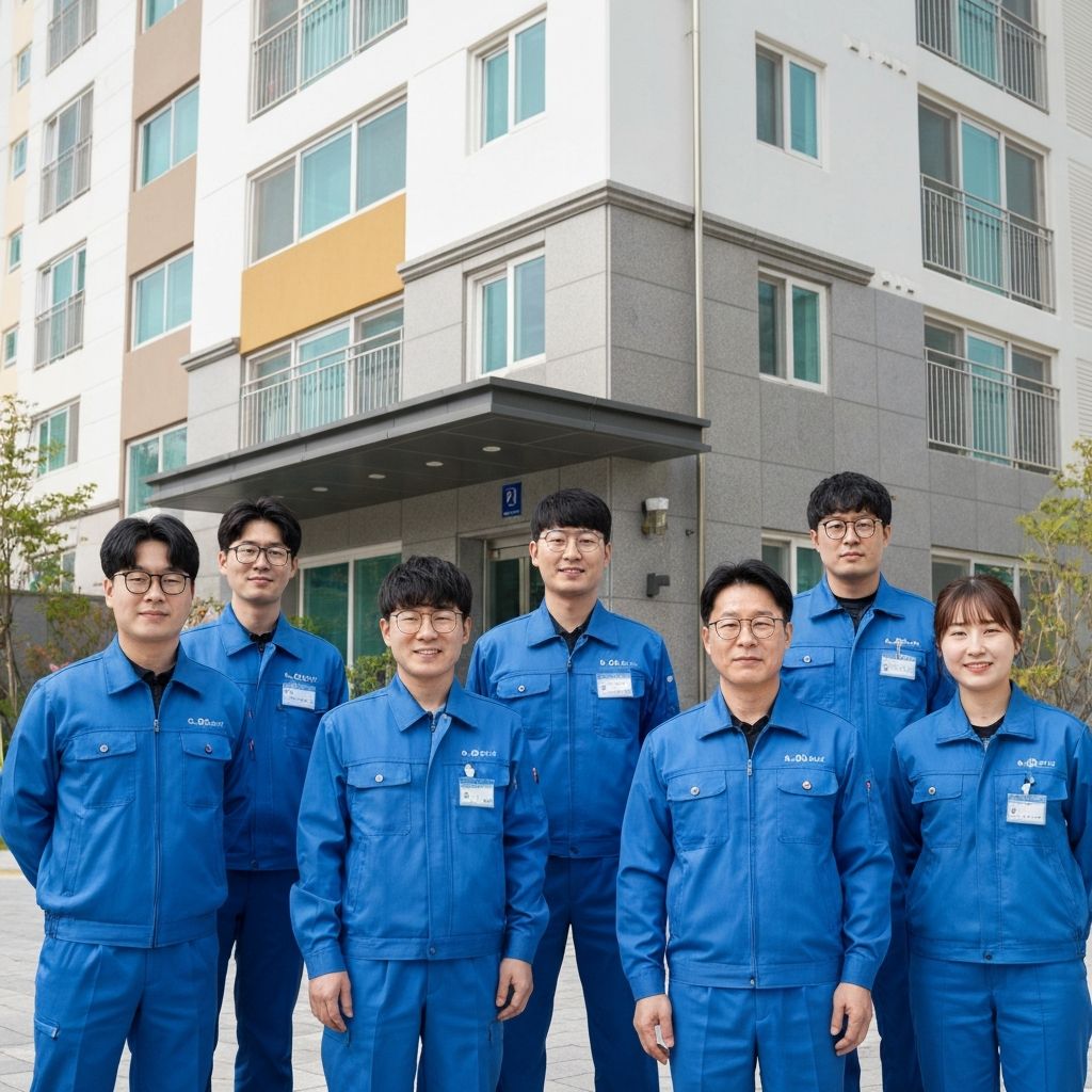 매직스토리 전문 청소팀 - 유니폼을 착용한 전문 직원들이 환하게 웃고 있는 모습